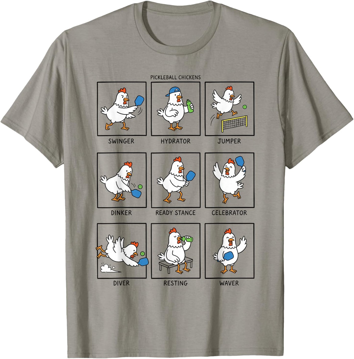 Funny Pickleball Chicken Cartoon Players Paddle Humor Art T-Shirt - T-Shirt | Sand