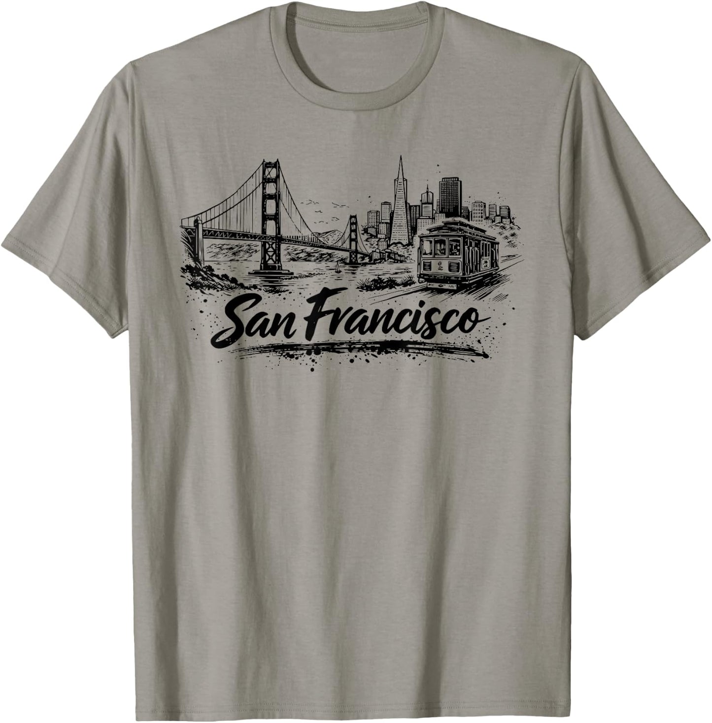 San Francisco City Skyline Cable Car Drawing T-Shirt - T-Shirt | Sand