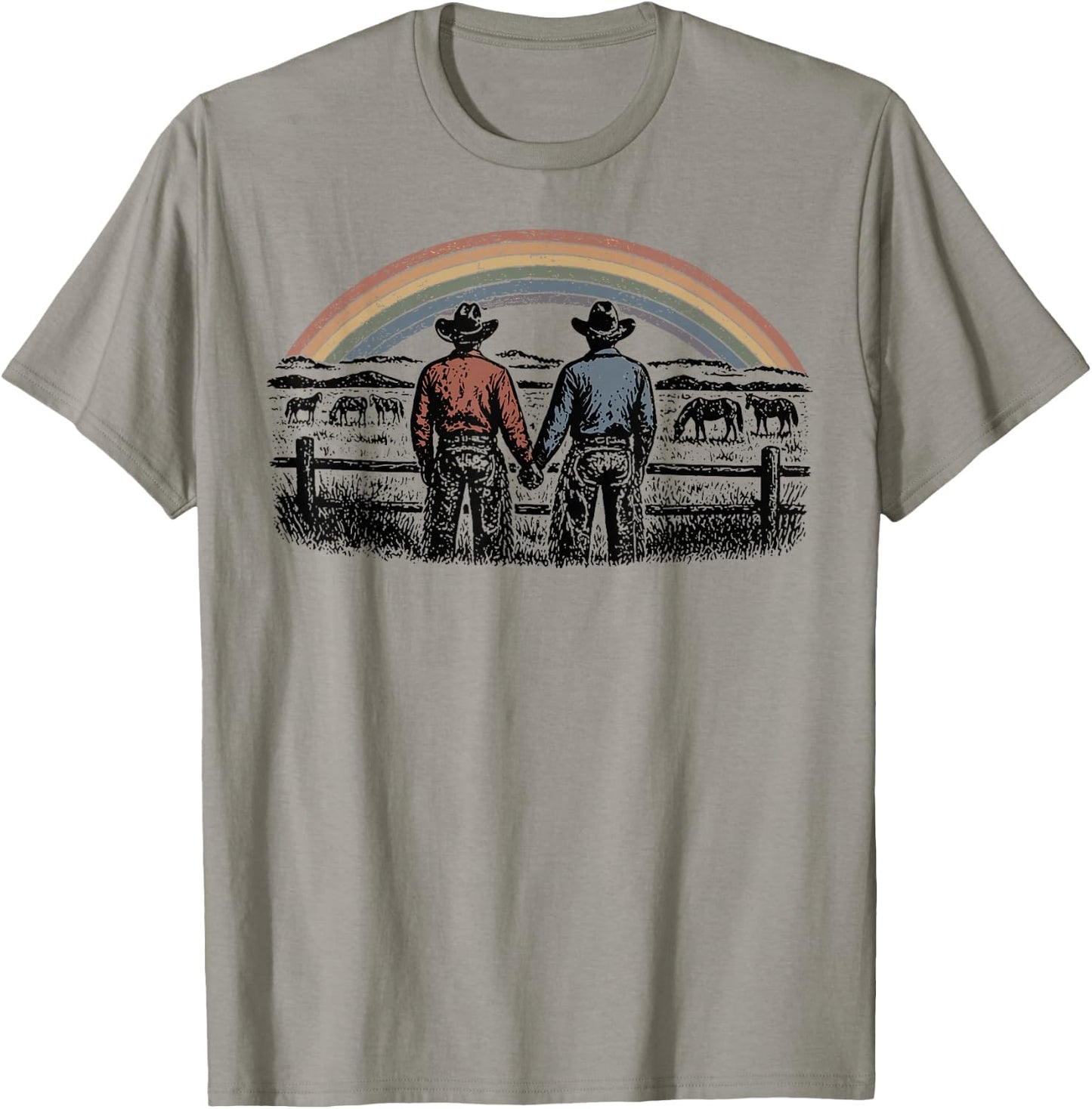Retro Rainbows Rodeos Western Gay Cowboy LGBTQ Pride Month T-Shirt - T-Shirt | Sand