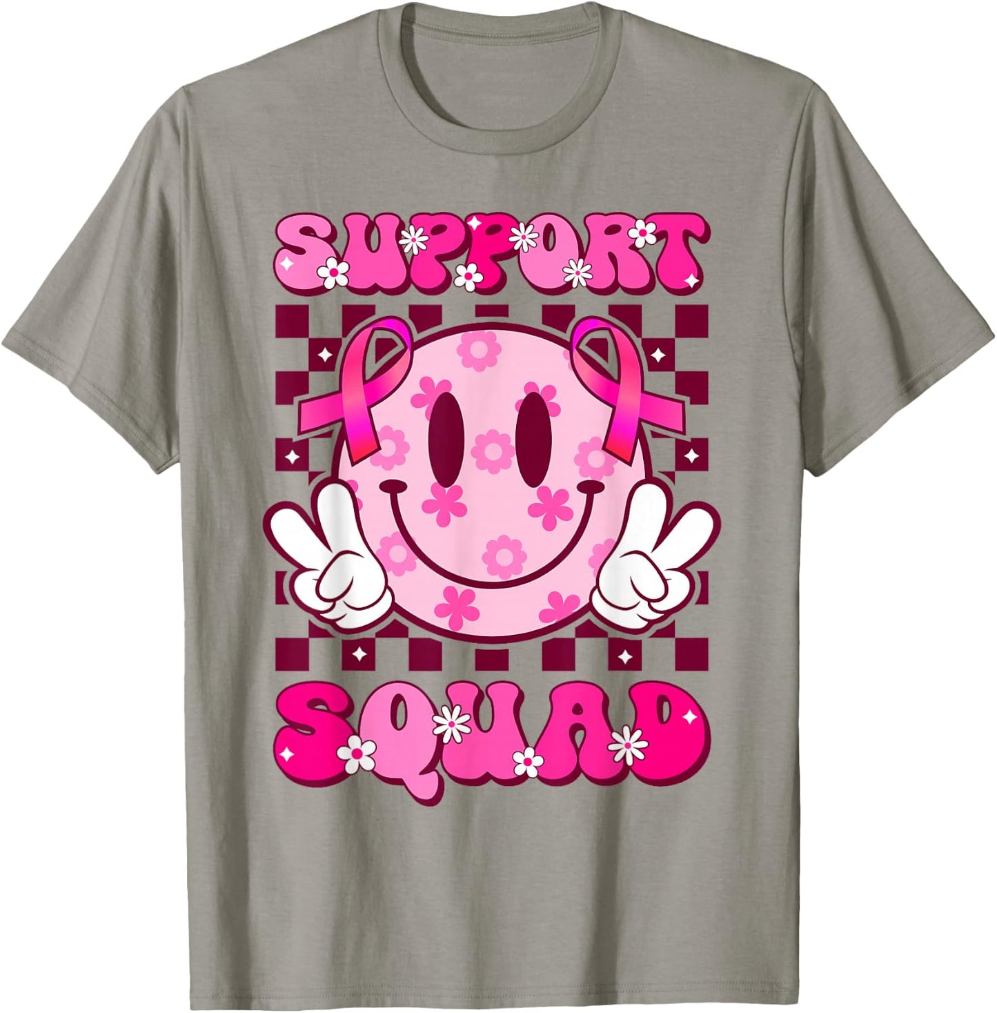 Groovy Smile Face Pink Ribbon Support Squad Breast Cancer T-Shirt - T-Shirt | Sand