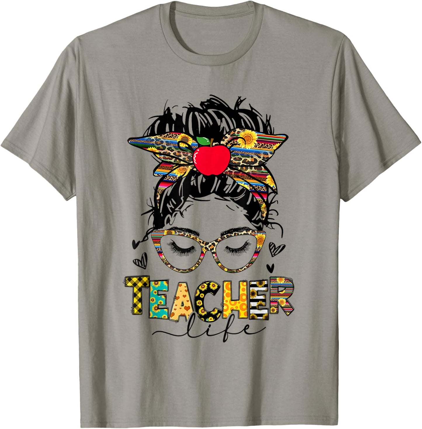 Teacher Life Messy Bun Glasses Leopard Sunflower Mothers Day T-Shirt - T-Shirt | Sand