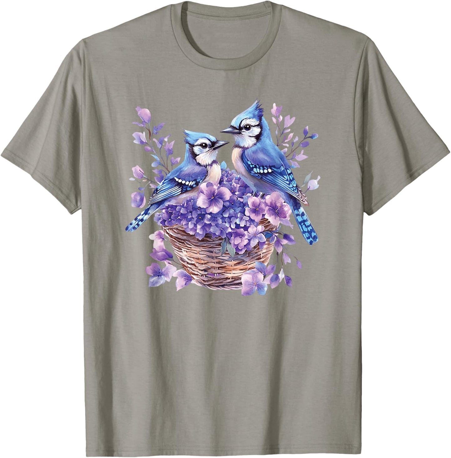 Couple Blue Jay Birds In A Basket With Flowers,Vibrant Color T-Shirt - T-Shirt | Sand