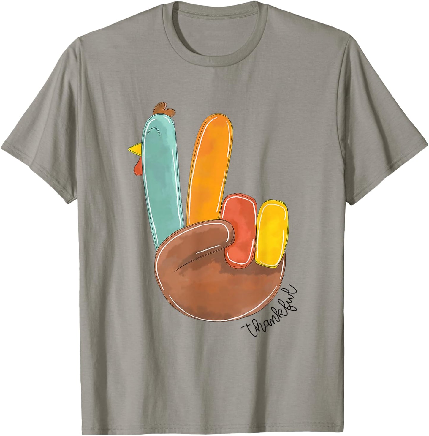 Thanksful Peace Sign Turkey Hand Cool Thanksgiving Men Women T-Shirt - T-Shirt | Sand