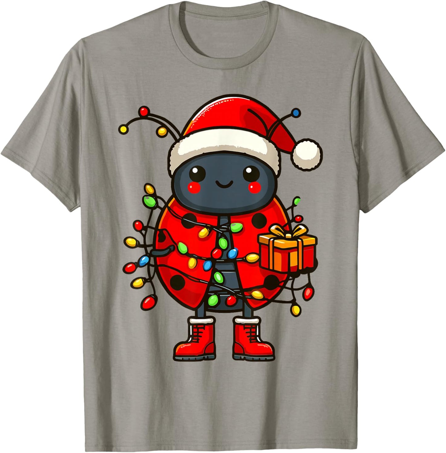 Ladybug Wearing Santa Hat, Holding A Present Box Xmas T-Shirt - T-Shirt | Sand