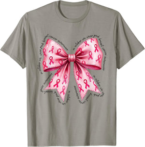 In October We Wear Pink Breast Cancer Awareness Bow Coquette T-Shirt - T-Shirt | Sand