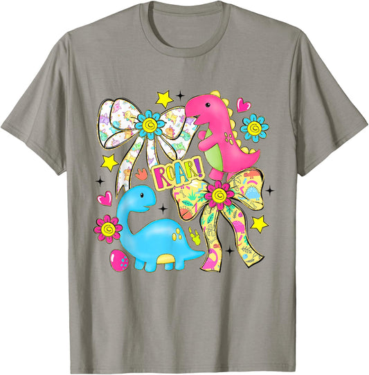 Cute Bow Dinosaur Flowers Dinosaur Lovers Kids Boys Girls T-Shirt - T-Shirt | Sand