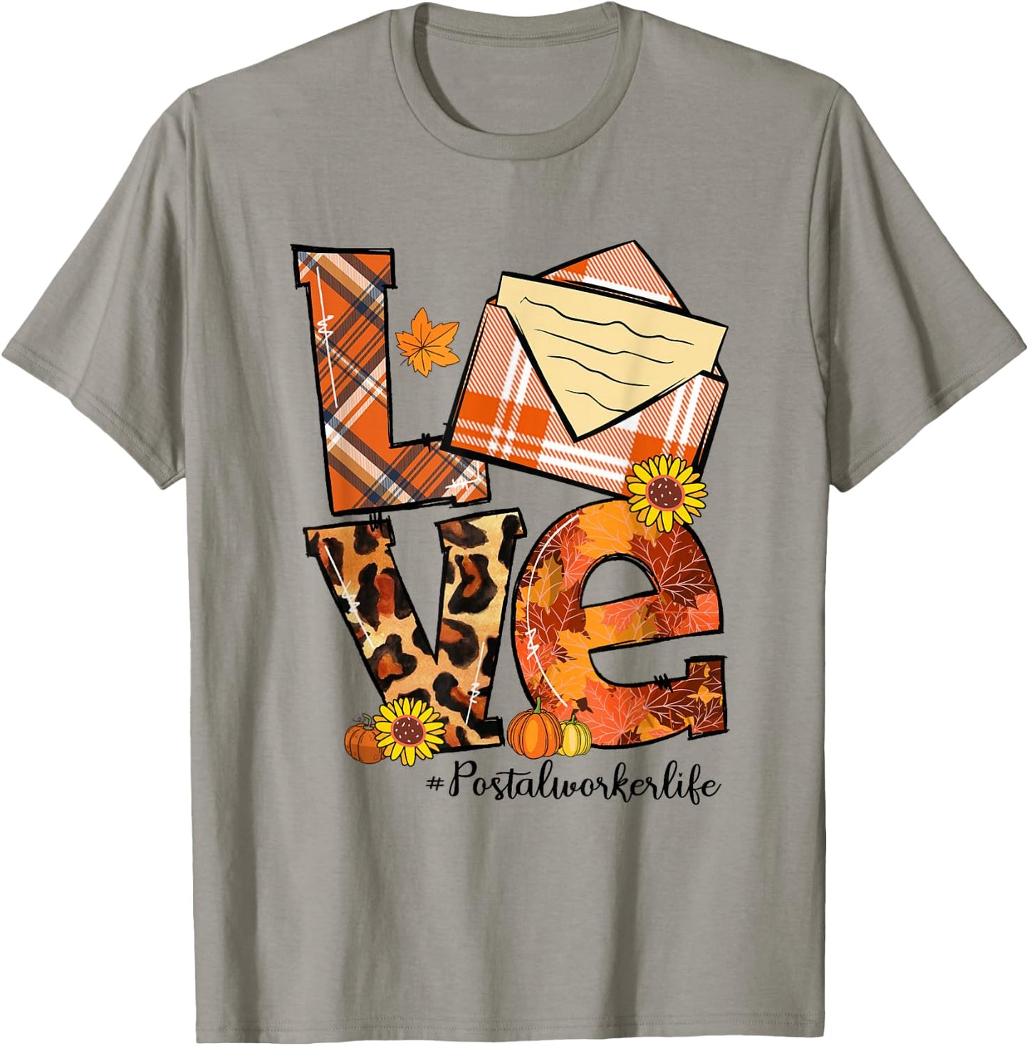 LOVE Pumpkin Leopard Postal Worker Life Fall Thanksgiving T-Shirt - T-Shirt | Sand