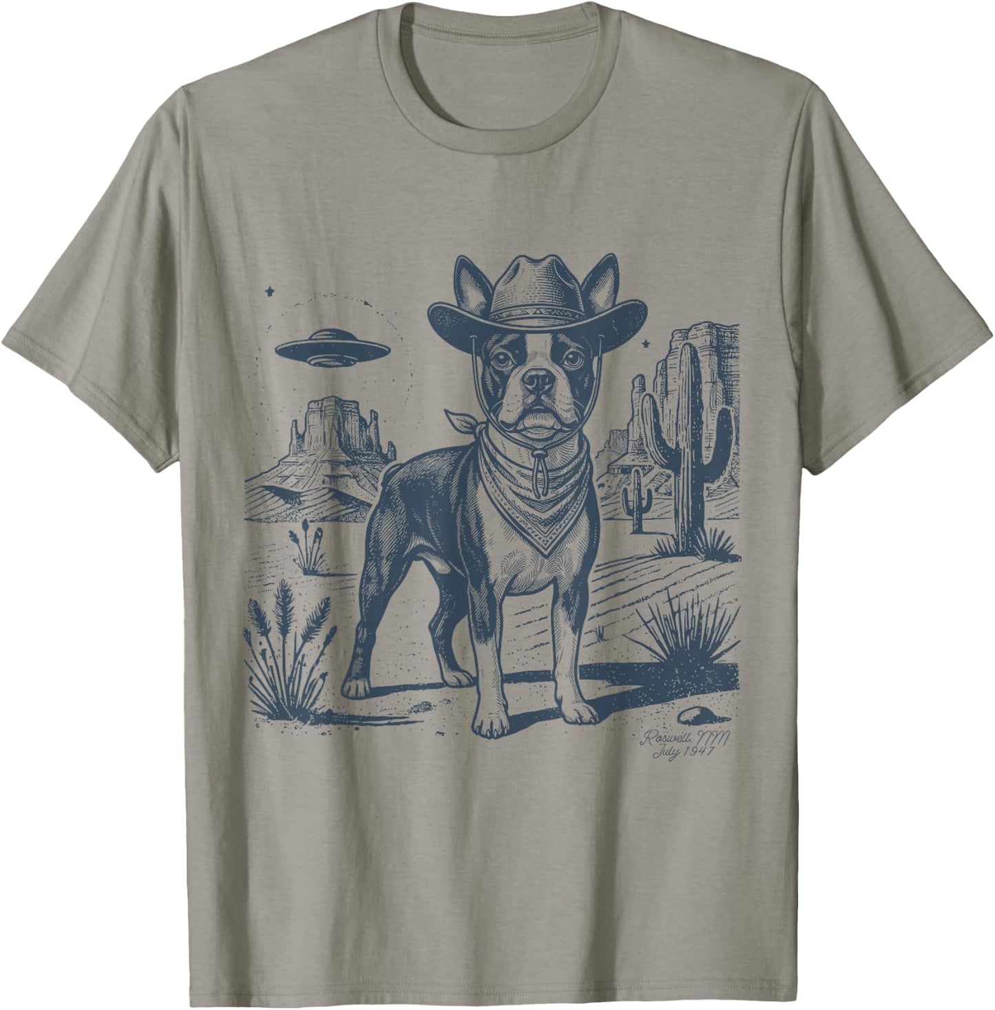 Vintage Alien UFO Western Cowboy Boston Terrier Dog Desert T-Shirt - T-Shirt | Sand