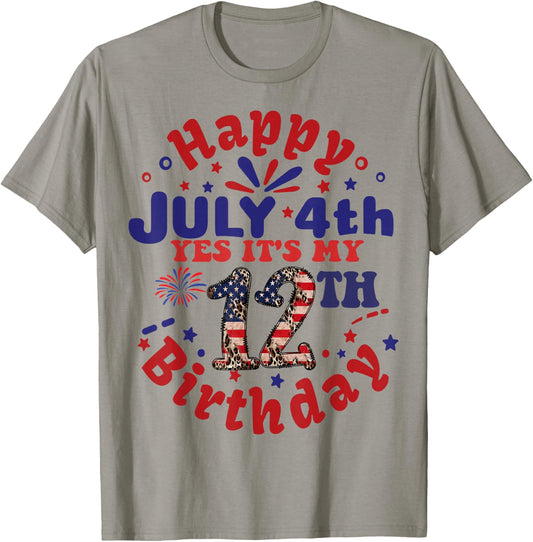 Happy July 4th & Yes It's My 12th Birthday 12 Years Old 2026 T-Shirt - T-Shirt | Sand