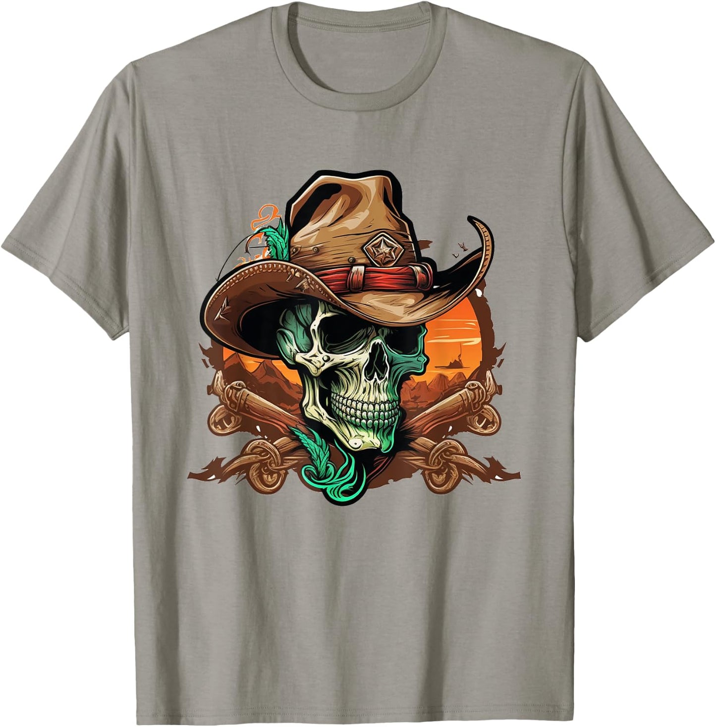 Skull Wearing Cowboy Hat Skeleton T-Shirt - T-Shirt | Sand