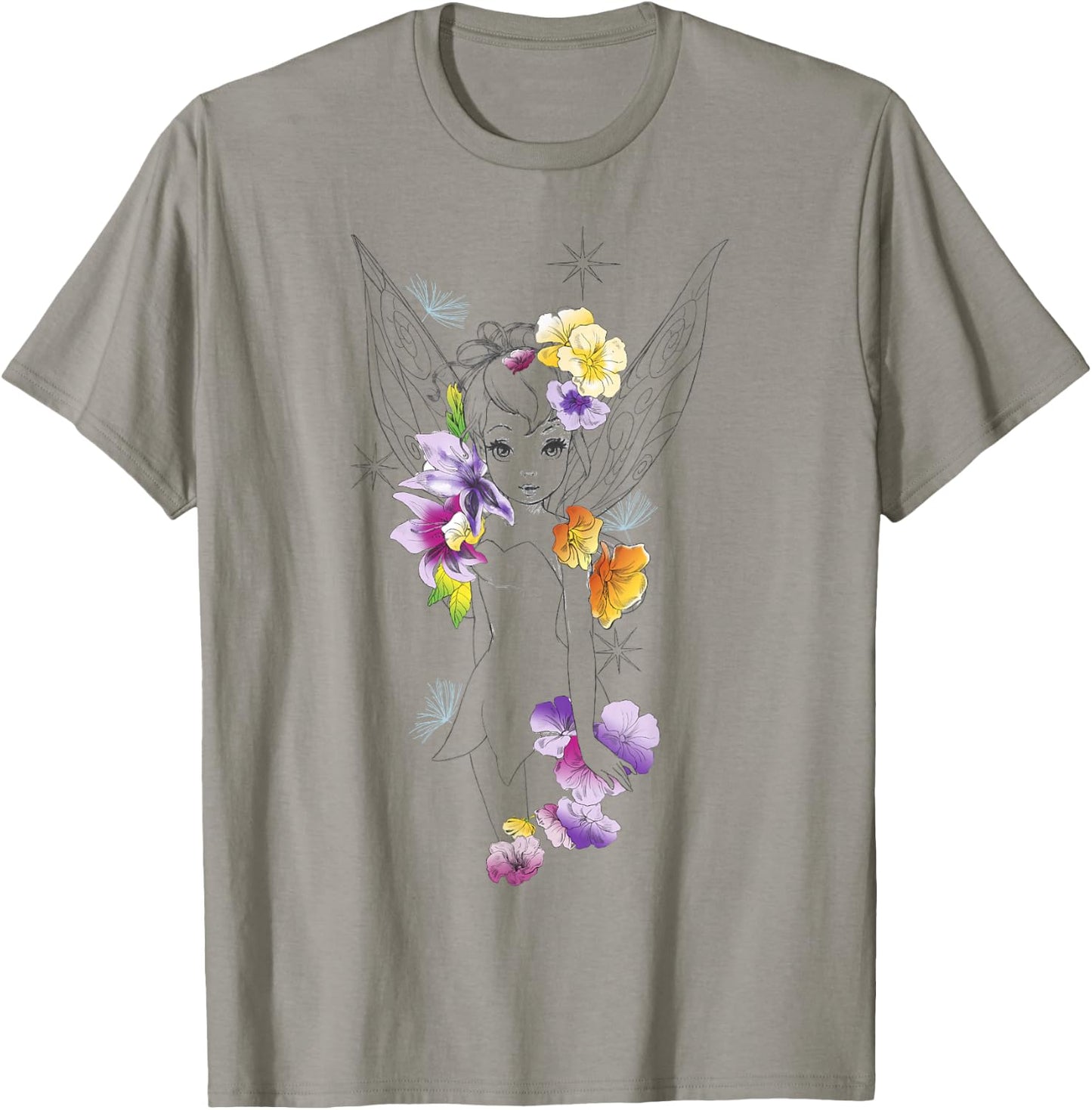 Disney Peter Pan Tinker Bell Outline Floral Sketch Portrait T-Shirt - T-Shirt | Sand
