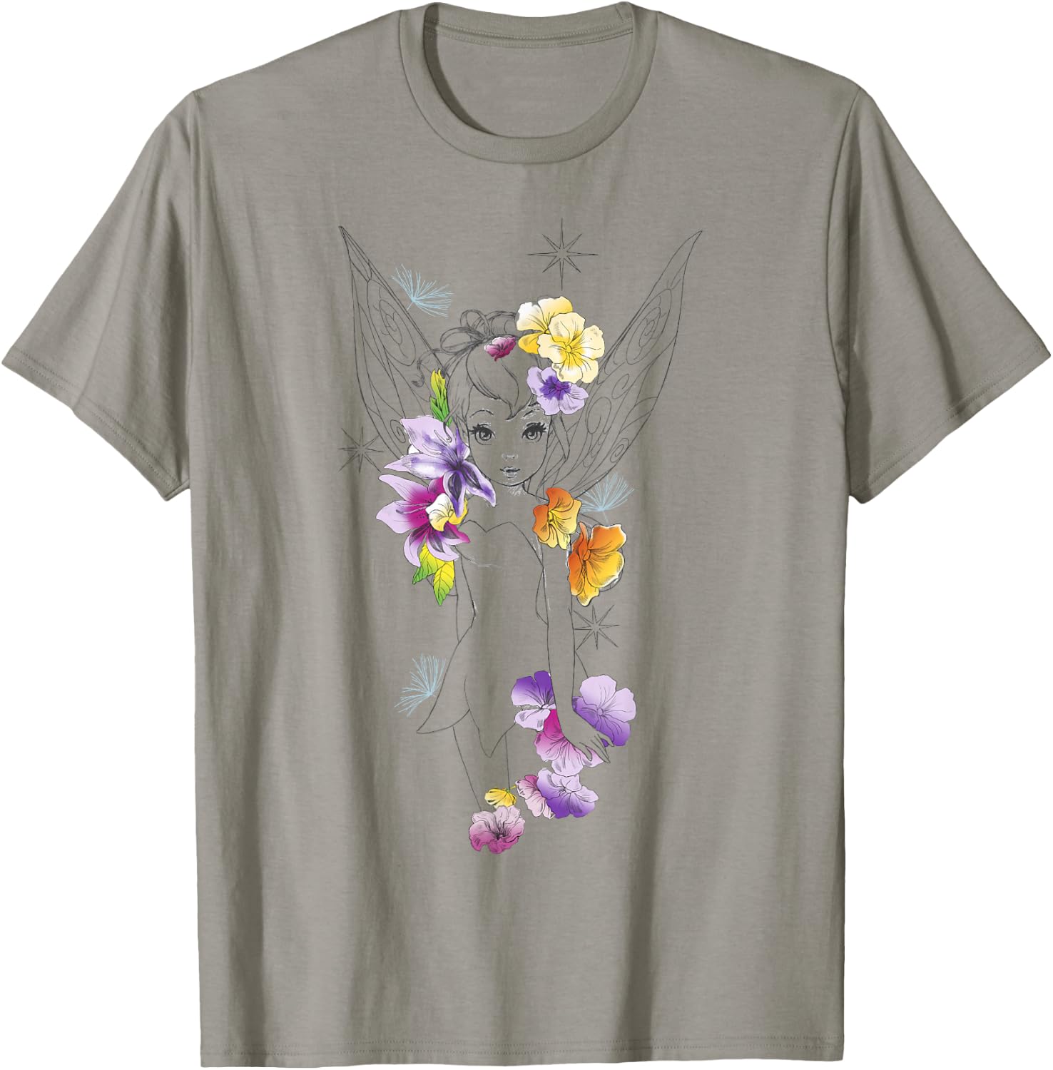 Disney Peter Pan Tinker Bell Outline Floral Sketch Portrait T-Shirt - T-Shirt | Sand
