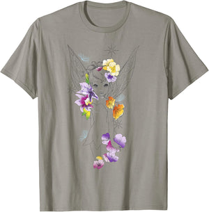 Disney Peter Pan Tinker Bell Outline Floral Sketch Portrait T-Shirt - T-Shirt | Sand