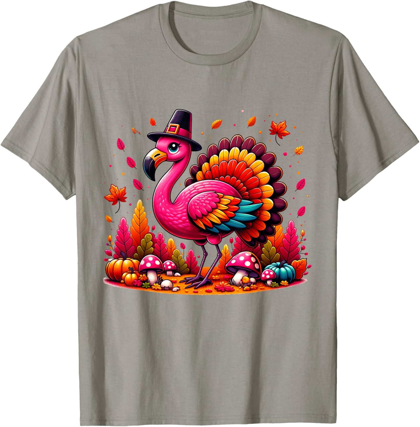 Flamingo Turkey Cute Flamingo Turkey Fall Leaf Thanksgiving T-Shirt - T-Shirt | Sand