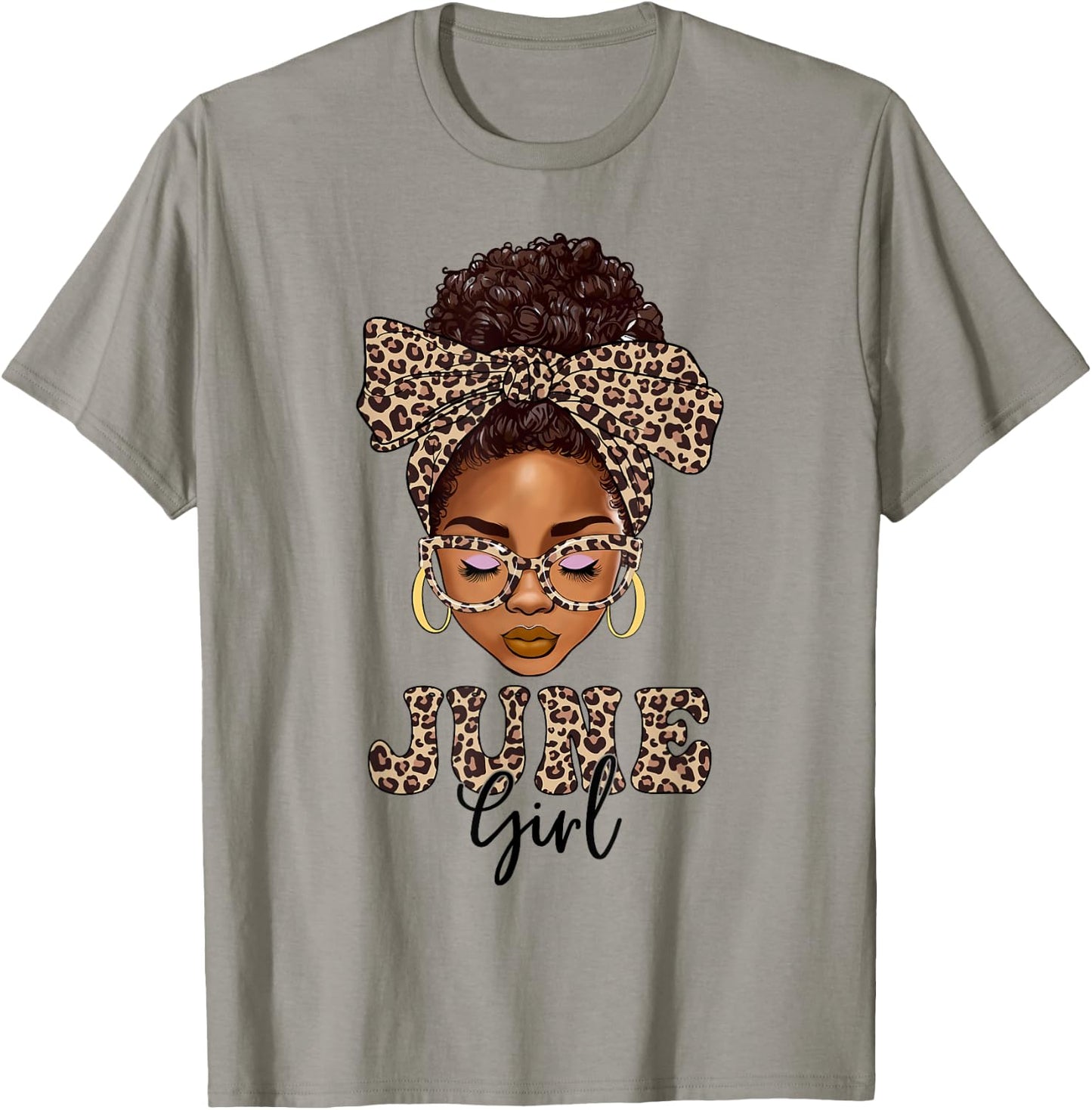 June Girls Messy Bun Leopard Black Women Birthday T-Shirt - T-Shirt | Sand
