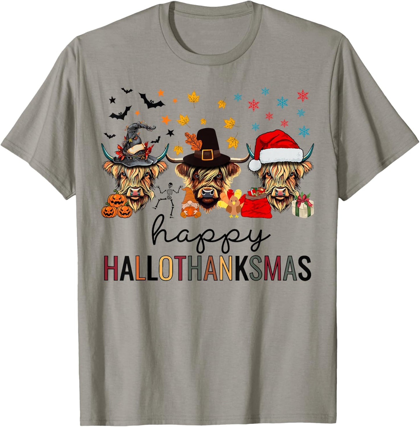 Happy Hallothanksmas Highland Cow Halloween Christmas T-Shirt - T-Shirt | Sand