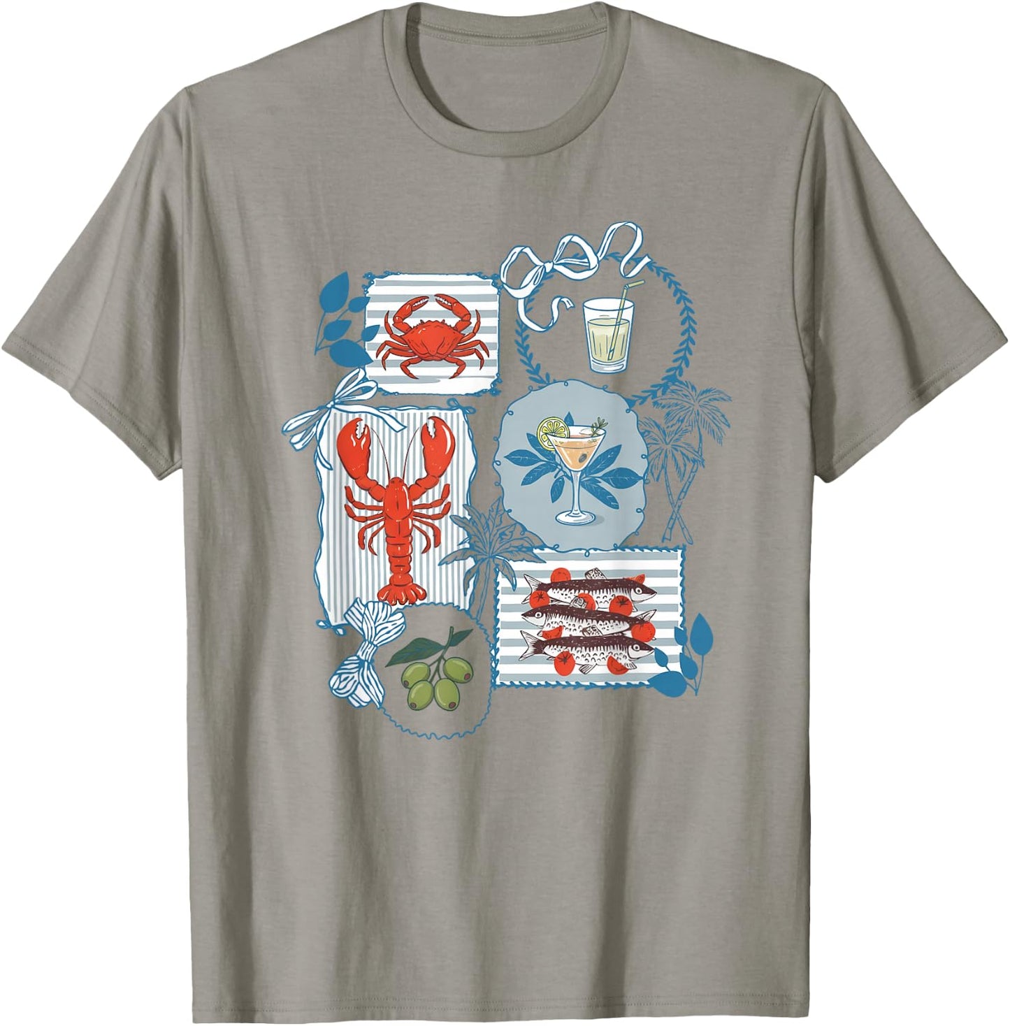 Aesthetic Italian Summer Coastal Chic Lobster Crab Sardines T-Shirt - T-Shirt | Sand