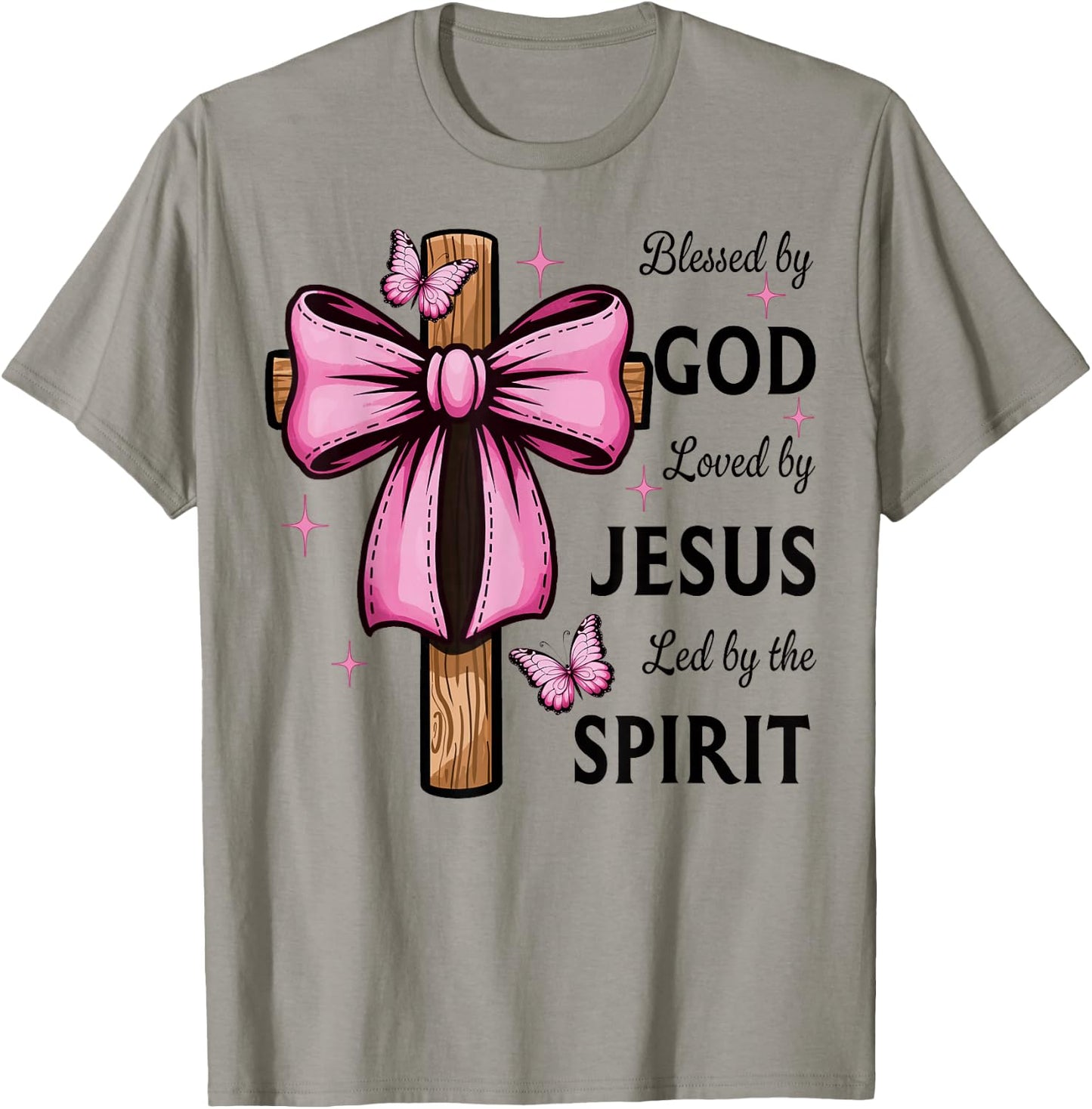 Blessed by God Loved by Jesus Pink Coquette Bow and Cross T-Shirt - T-Shirt | Sand