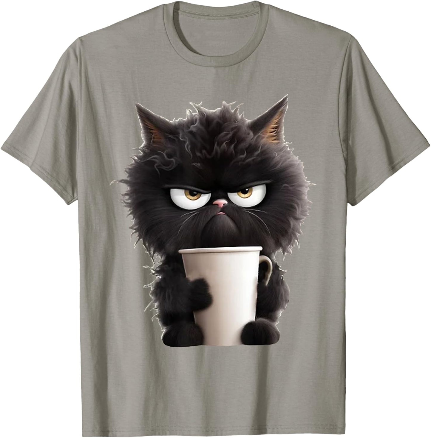 Funny Cute Black Cat Coffee Angry T-Shirt - T-Shirt | Sand