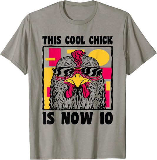 Happy 10th Birthday 10 Year Old Cool Chicken 10th Birthday T-Shirt - T-Shirt | Sand