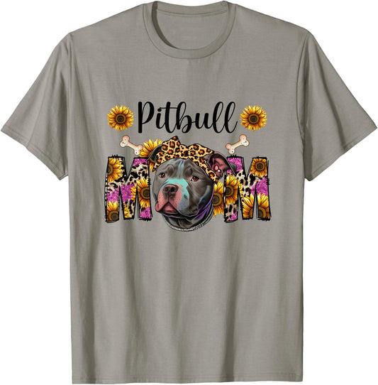 Pitbull Mom Graphic Design with Sunflowers T-Shirt - T-Shirt | Sand