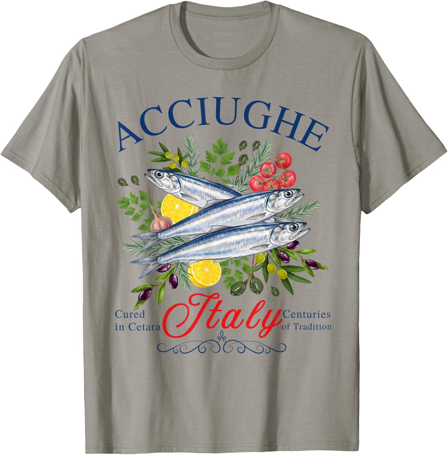 Italian Anchovies Lemon Olives Mediterranean Coastal Food T-Shirt - T-Shirt | Sand