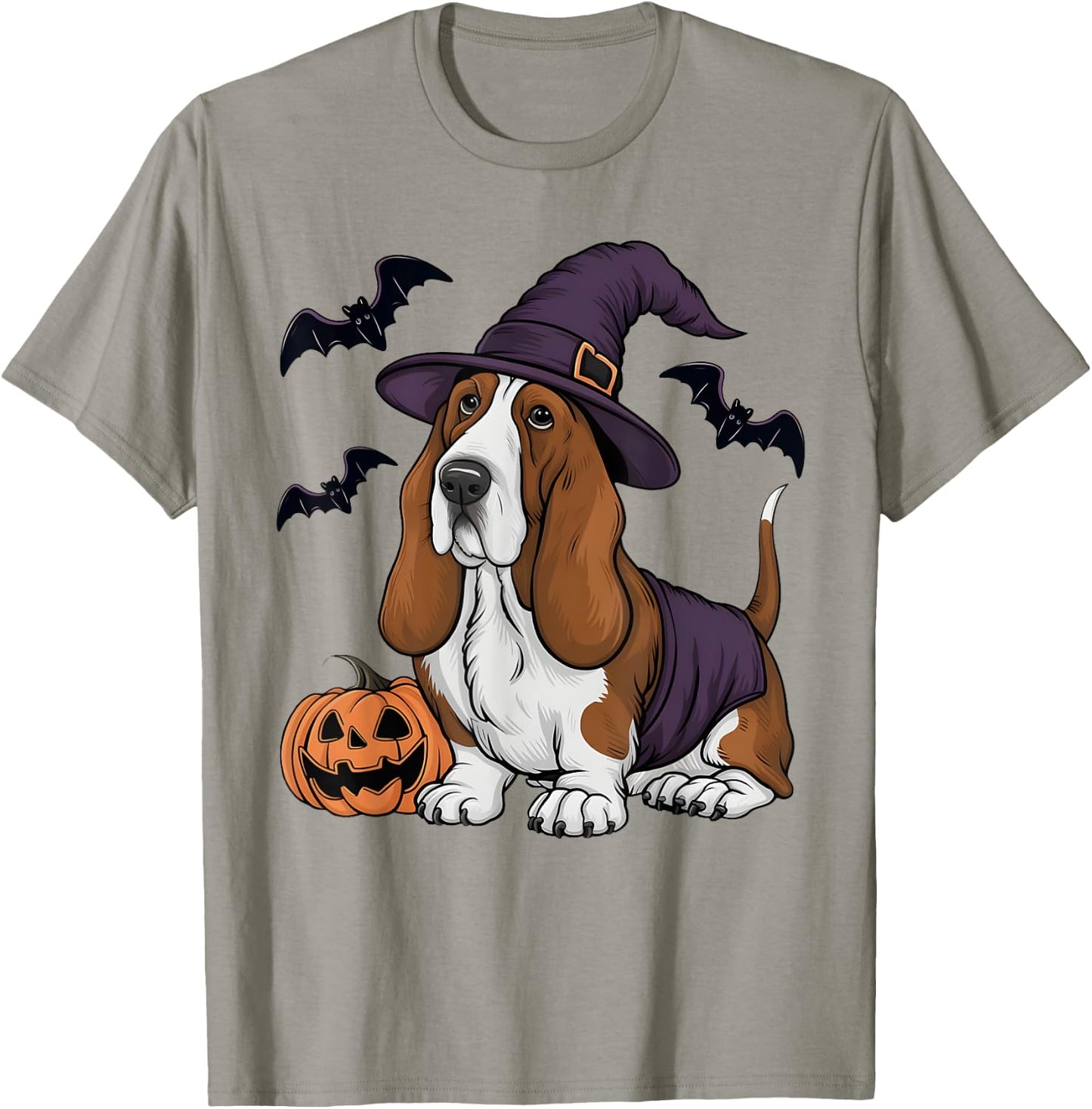 Pumpkin Bat Witch Costume Basset Hound Dog Halloween T-Shirt - T-Shirt | Sand