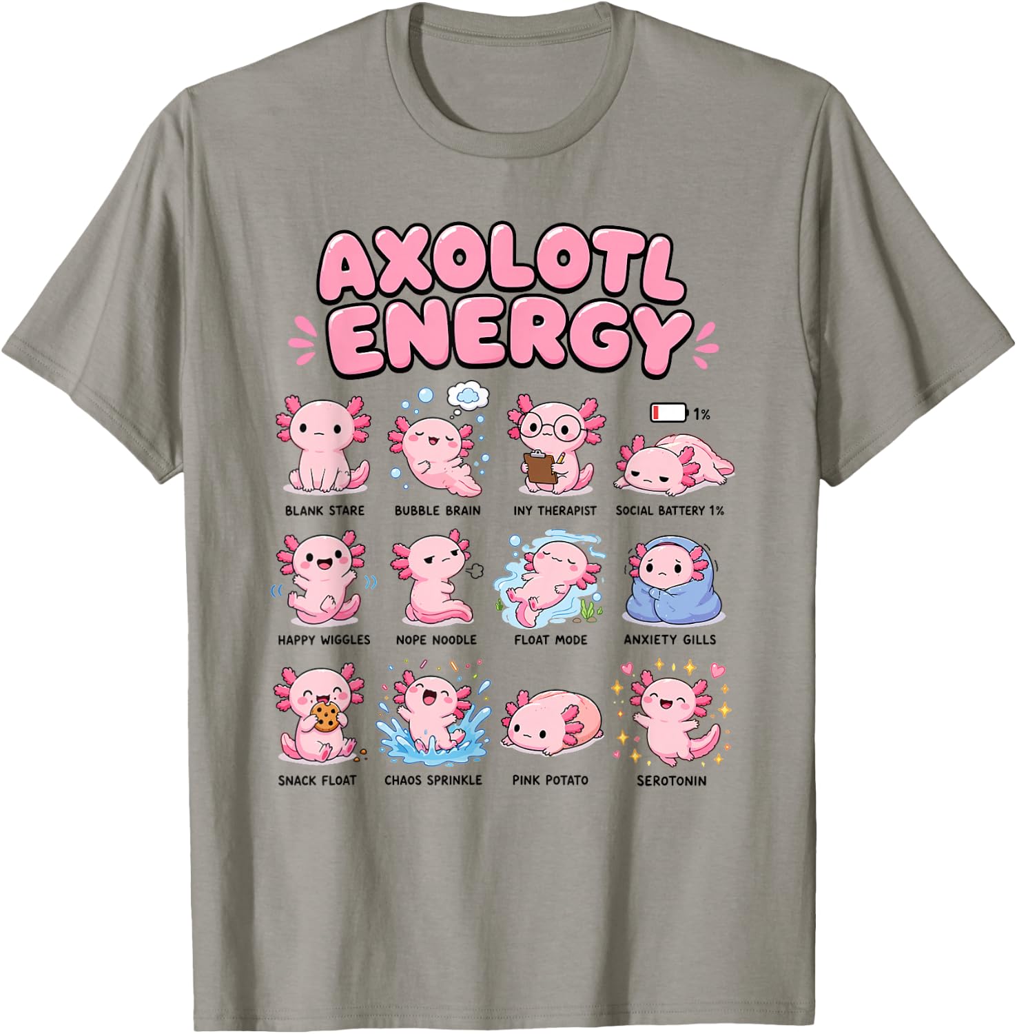 Axolotl Energy Cute Kawaii Mood Chart Pink Salamander Art T-Shirt - T-Shirt | Sand