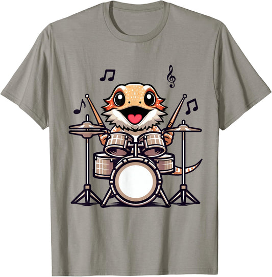 Funny Drummer Bearded Dragon Playing Drum Musician T-Shirt - T-Shirt | Sand