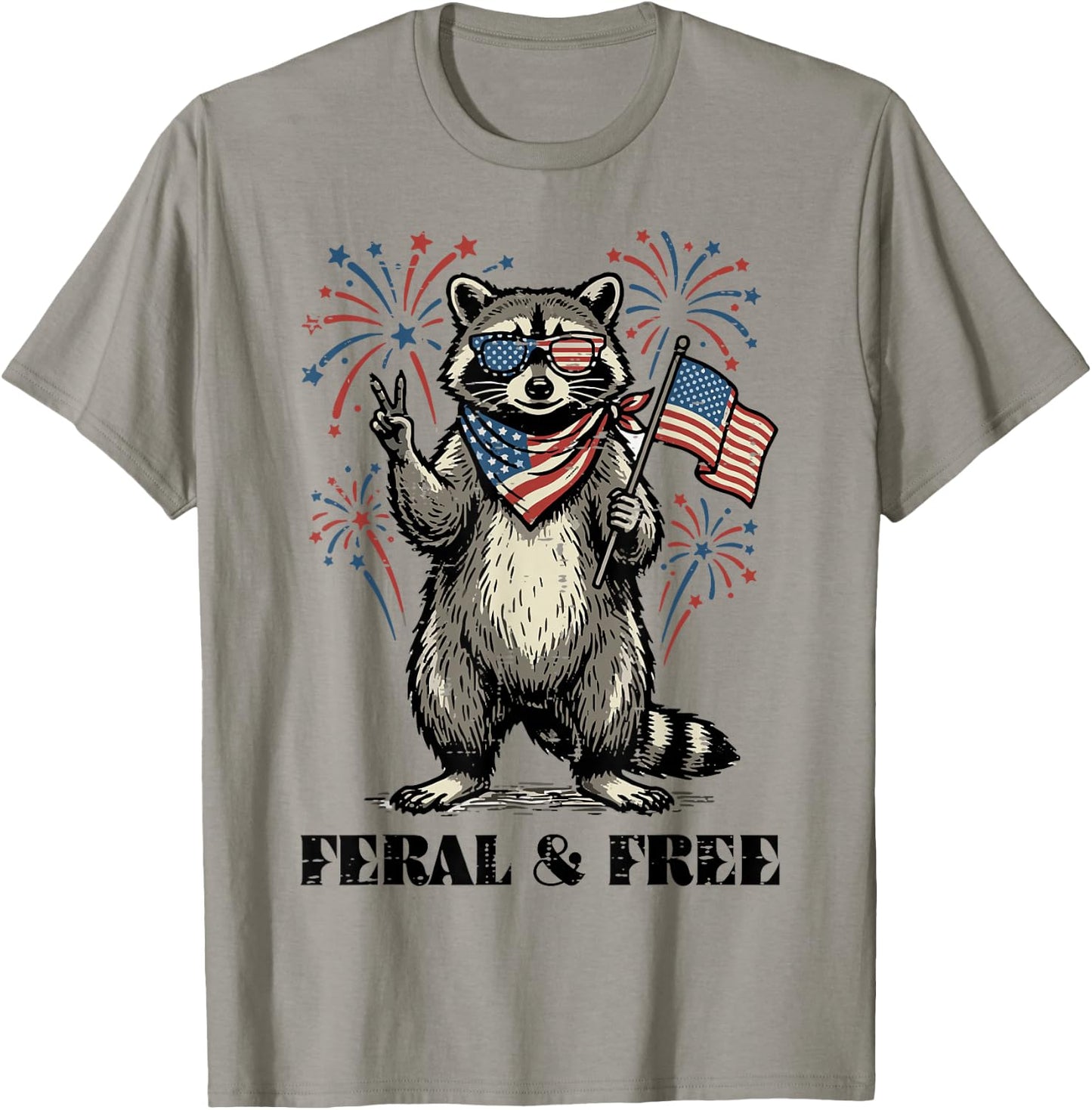 Raccoon Feral and Free US Flag 4th of July Men Women Kids T-Shirt - T-Shirt | Sand