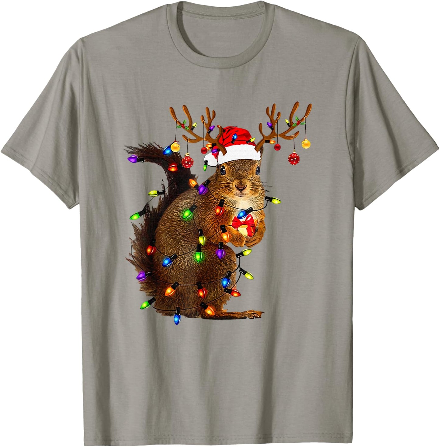 Cute Squirrel Christmas Xmas Lights Santa Squirrel Women Men T-Shirt - T-Shirt | Sand