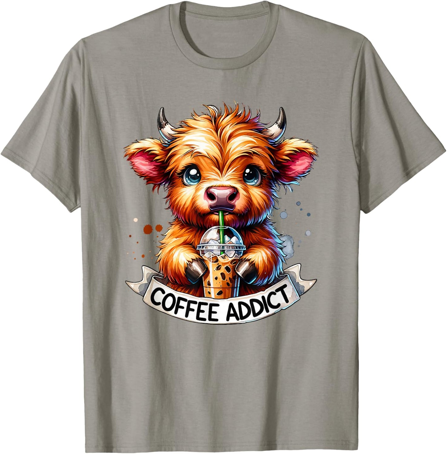 Cute Highland Cow Coffee Addict T-Shirt - T-Shirt | Sand