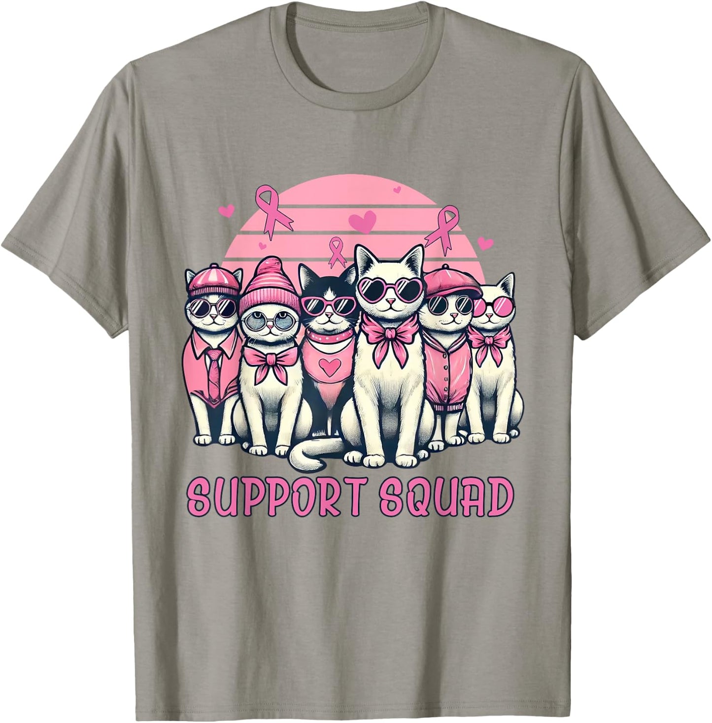 Support Squad Breast Cancer Women Cat Lover Pink Ribbon T-Shirt - T-Shirt | Sand