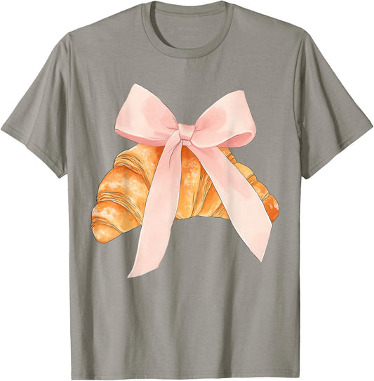 Coquette Pink Bow Croissant Cute Baking Baker Pastry Girl T-Shirt - T-Shirt | Sand