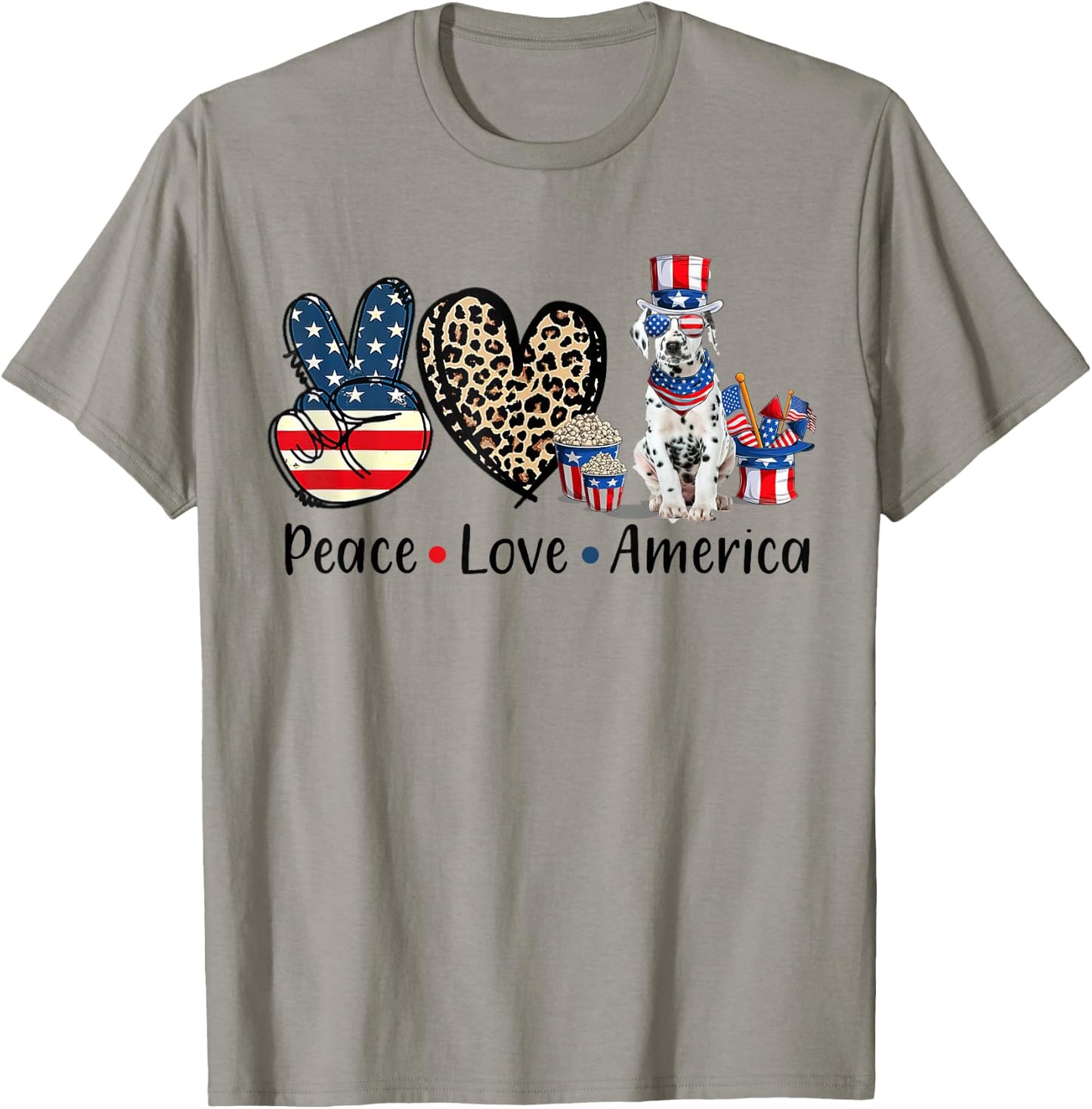 Peace Love Dalmatian Dog Patriotic America Flag 4th July Men Women T-Shirt - T-Shirt | Sand