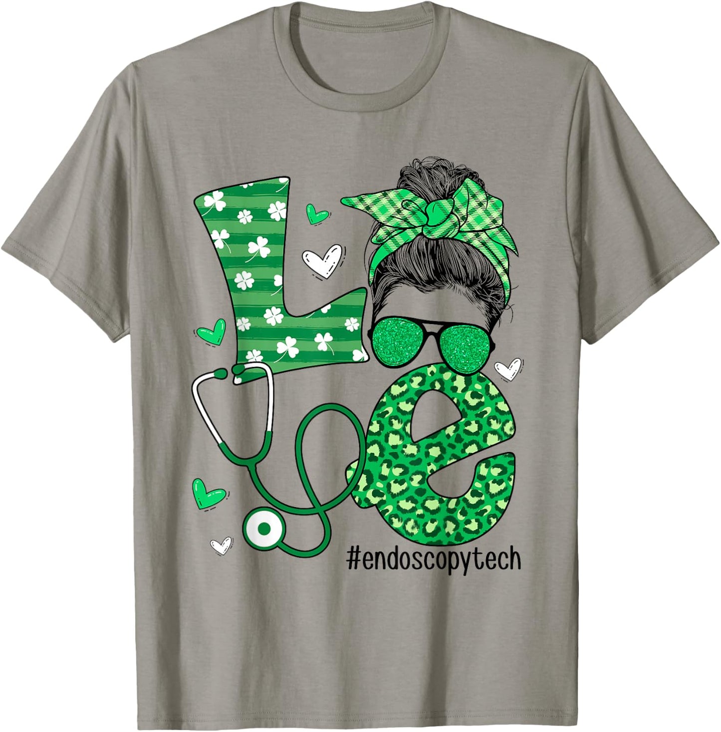 St Patrick's Day Shamrock Love Endoscopy Tech Life Messy Bun T-Shirt - T-Shirt | Sand