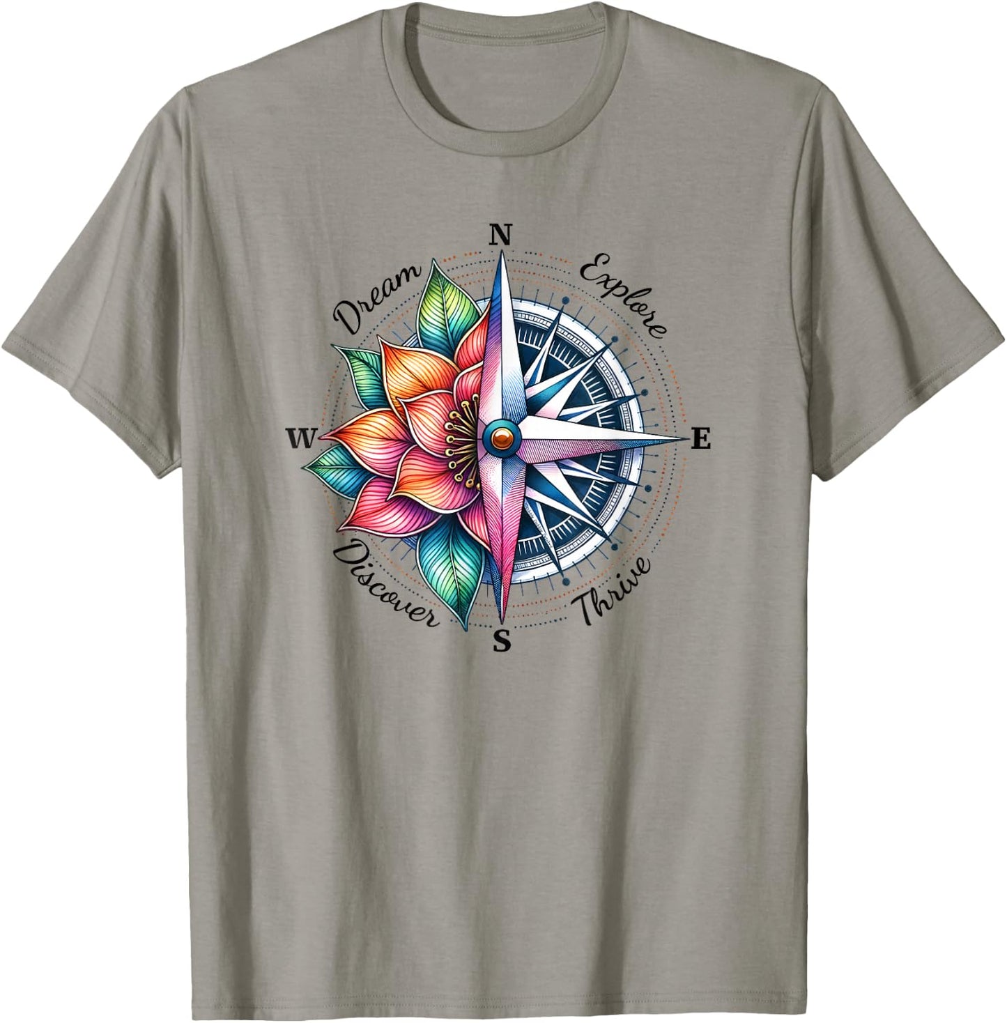 Traveler Compass Dream Explore Discover Thrive Adventure T-Shirt - T-Shirt | Sand