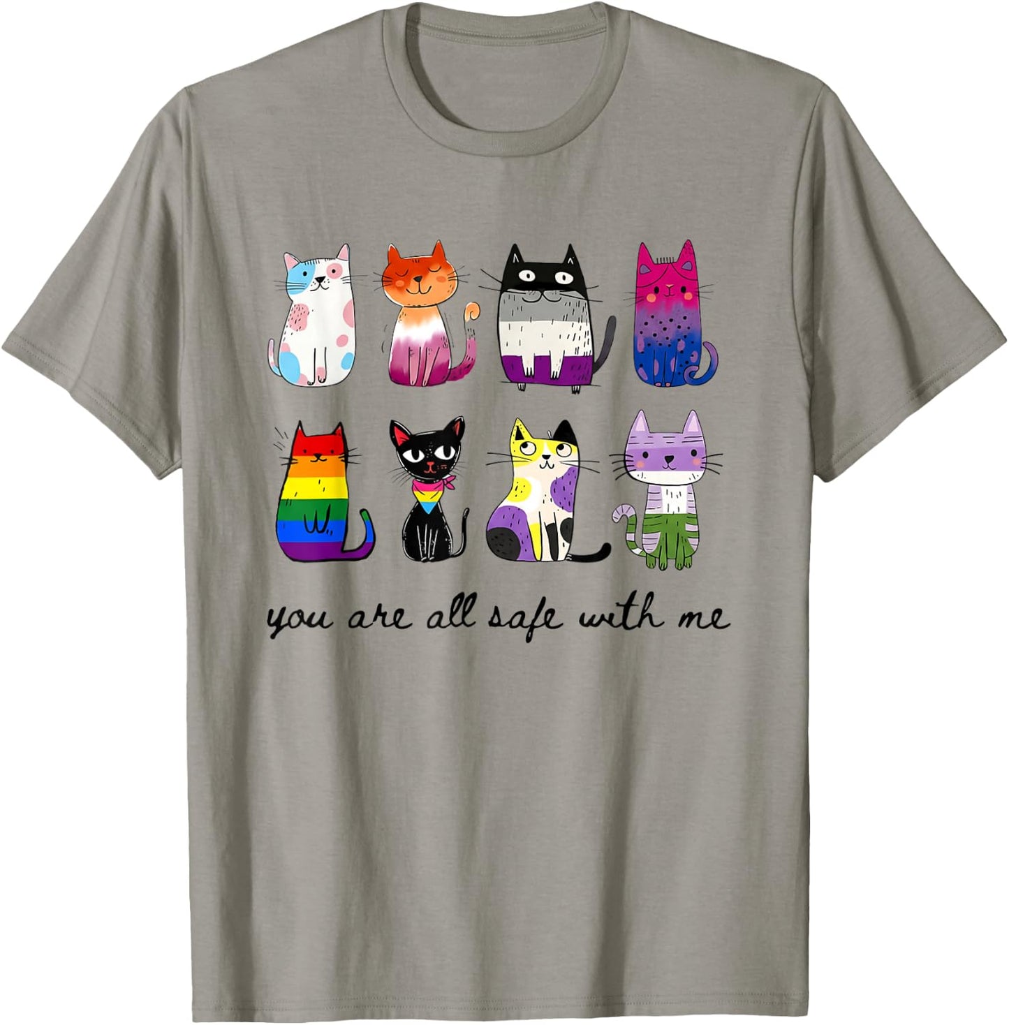 You are All Safe with Me Inclusive Pride Multi Flag LGBT Cat T-Shirt - T-Shirt | Sand