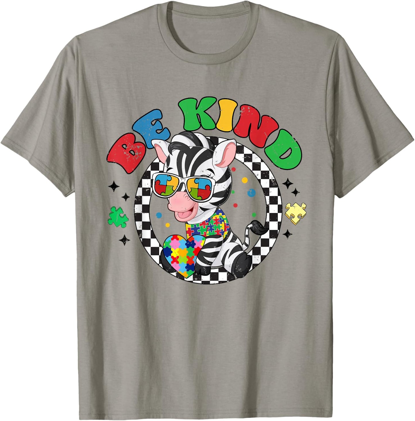 Retro Groovy Be Kind Zebra Sunglasses Autism Awareness T-Shirt - T-Shirt | Sand