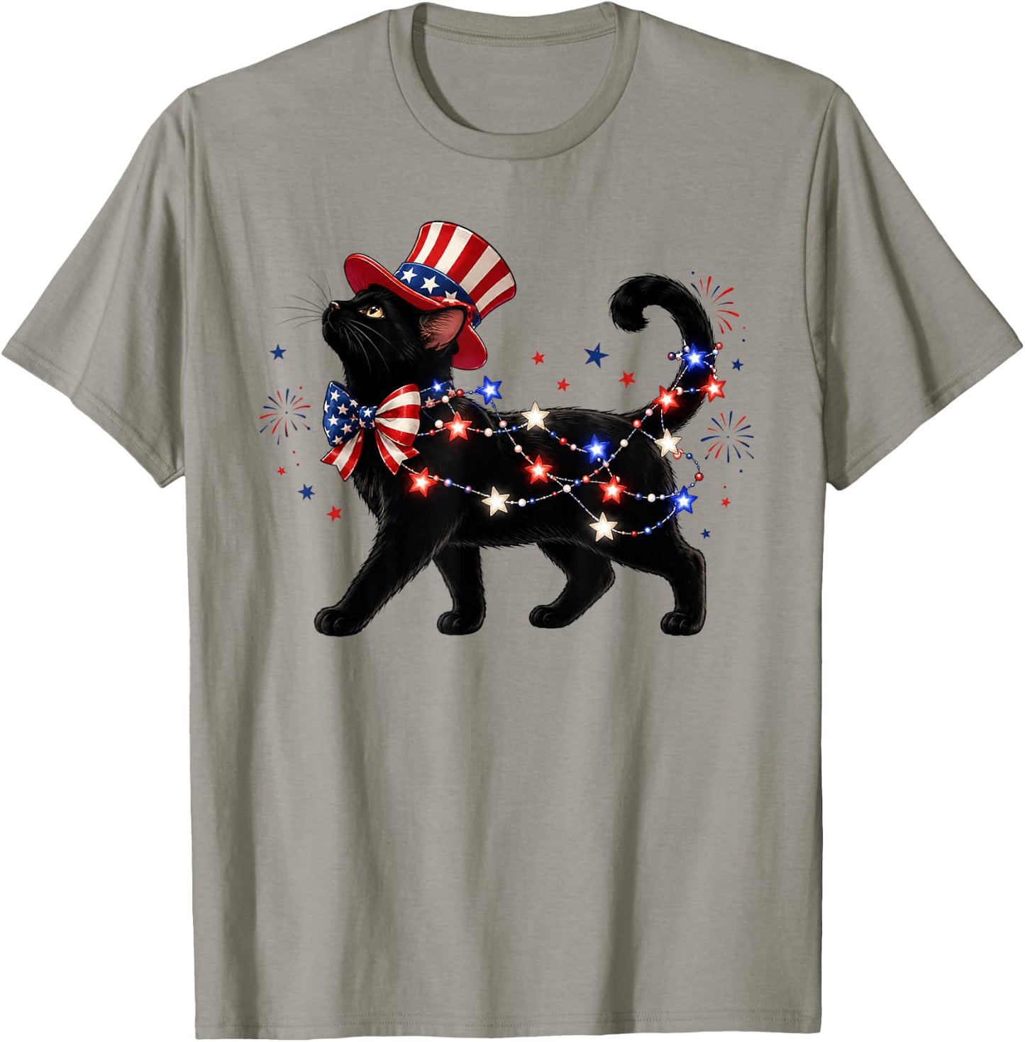 Patriotic Black Cat and Fireworks 4th of July Cat Lovers T-Shirt - T-Shirt | Sand