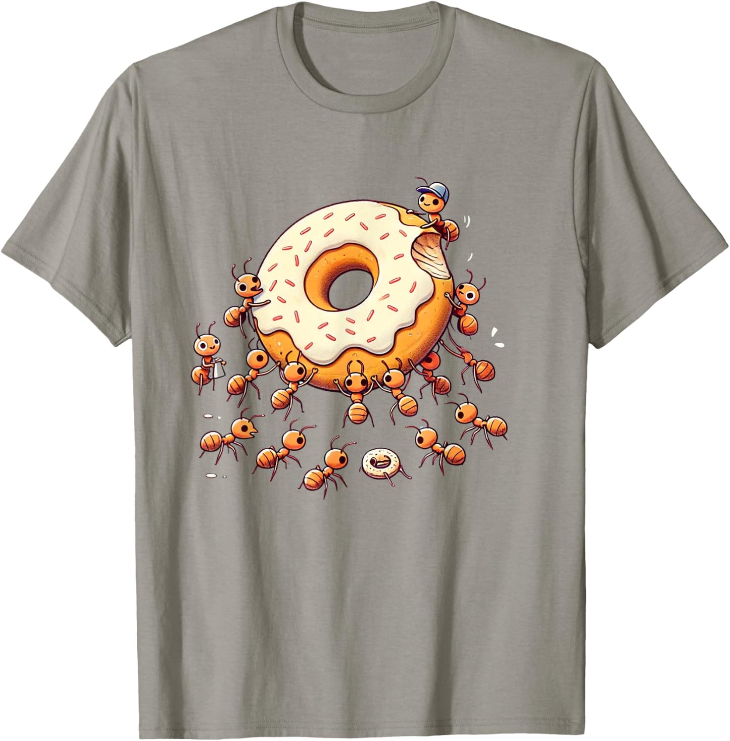 Cute Ants Carrying Giant Donut Funny Foodie Graphic T-Shirt - T-Shirt | Sand