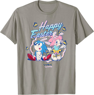 Sonic The Hedgehog Happy Easter Cute Sonic Amy Chest Logo T-Shirt - T-Shirt | Sand