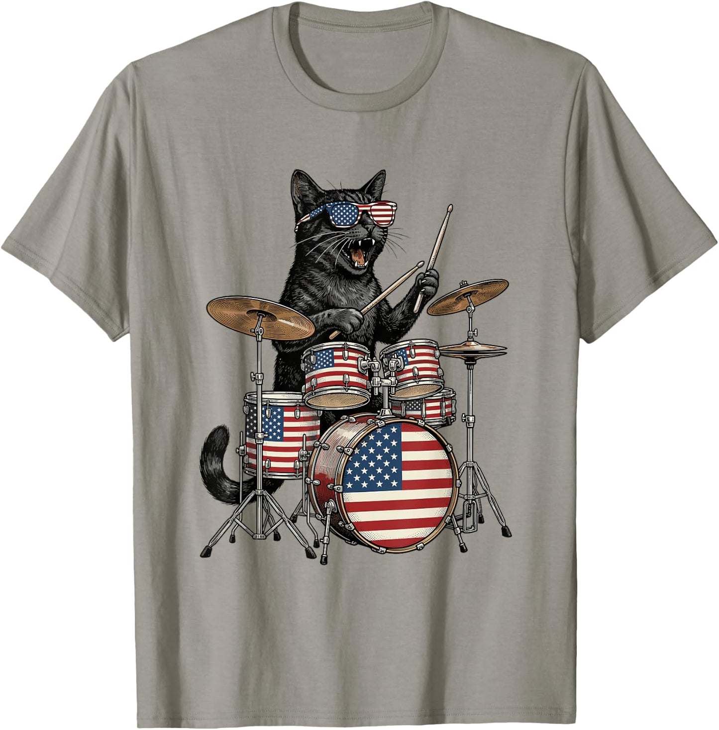 Cat Playing Drums American Flag Drumset 4th of July Drummer T-Shirt - T-Shirt | Sand
