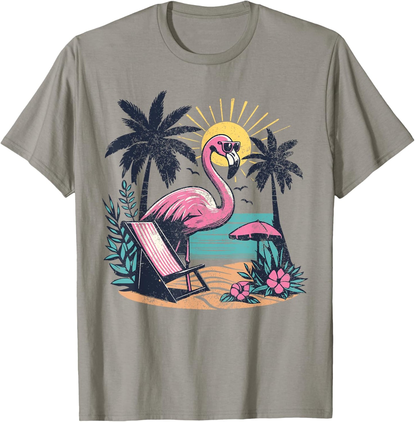 Flamingo Beach Palm Trees Tropical Summer Vacation Men Women T-Shirt - T-Shirt | Sand