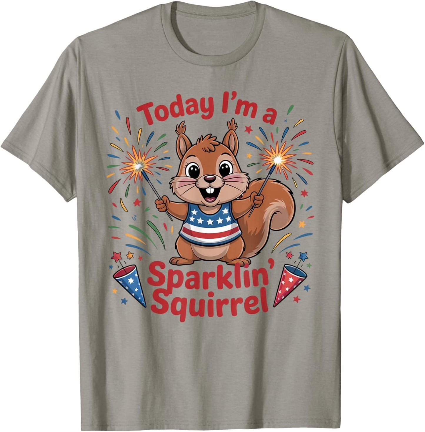 Sparklin' Squirrel 4th of July Fireworks Funny Cartoon T-Shirt - T-Shirt | Sand