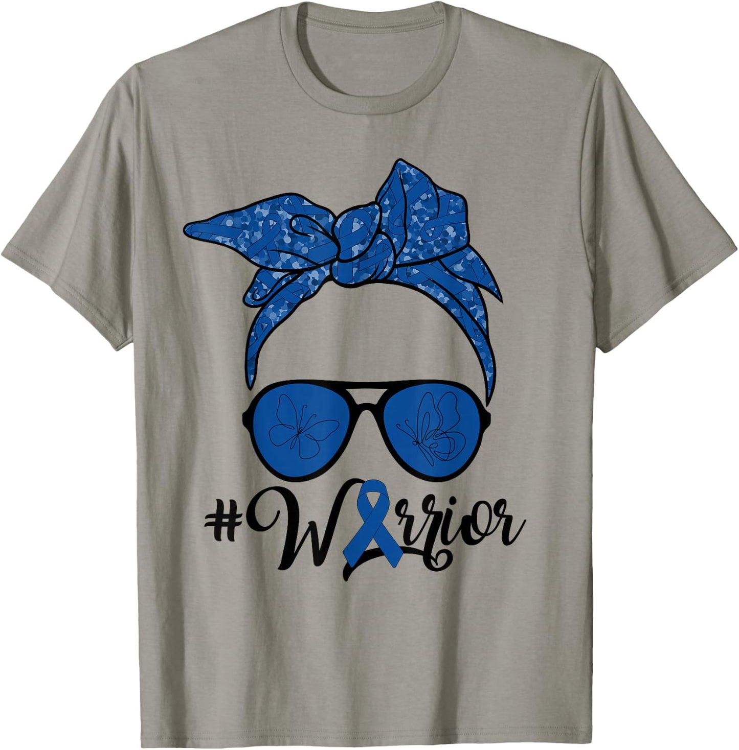 Messy Bun Woman With Dark Blue Ribbon Colon Cancer Warrior T-Shirt - T-Shirt | Sand