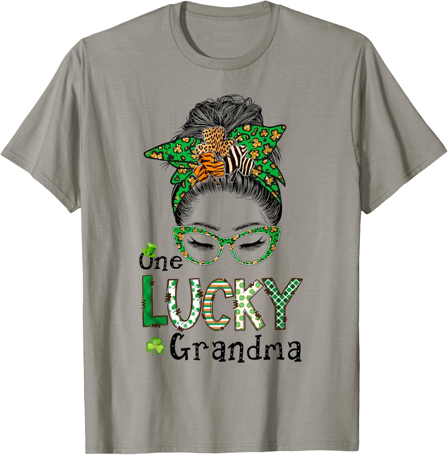 One Lucky Grandma Messy Bun St. Patrick's Day Plaid Leopard T-Shirt - T-Shirt | Sand