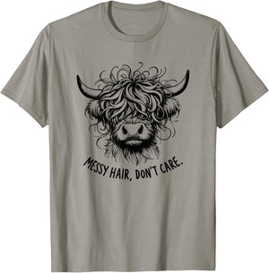 Highland Cow Messy Hair Don't Care T-Shirt - T-Shirt | Sand