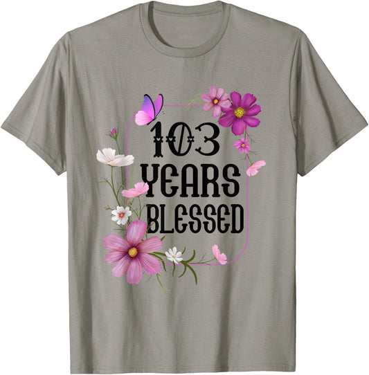 Turning 103 Birthday Butterfly with Floral 103rd Birthday T-Shirt - T-Shirt | Sand
