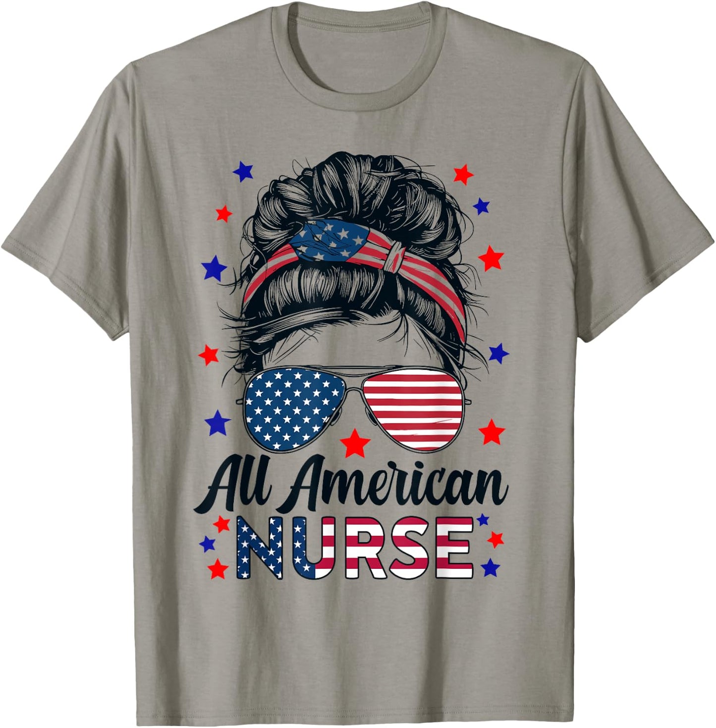 Nursing All American Nurse RN 4th Of July Messy Bun Nurse T-Shirt - T-Shirt | Sand